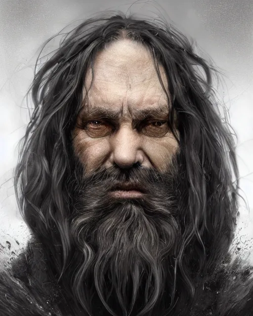 Image similar to portrait of a 6 0 - year - old giant man with long tangles of bushy black hair and beard hiding most of his face, kind eyes, wearing in black cloak, hyper realistic face, beautiful eyes, character art, art by mark brooks, hyperdetailed, cryengine, trending on artstation, digital art