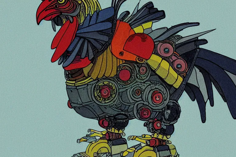 Prompt: illustration of a heavily armoured mechanical rooster by studio ghibli, ominous, livid colors, colorful