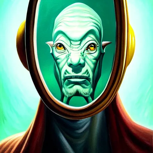 Image similar to stunning painting of wise man looks at mirror and see himself as an alien by concept art, character art, sci - fi, masterpiece, ultra detailed face and eyes, weird objects, cinematic, sharp focus, centered, 8 k hd resolution