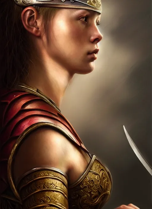 Image similar to a young warrior woman moments before battle in contemplation, diffuse lighting, fantasy, intricate, elegant, highly detailed, lifelike, Rebel, photorealistic, digital painting, artstation, punks, illustration, concept art, smooth, sharp focus, artgerm, by John Collier and Albert Aublet and Leonardo da vinci and Krenz Cushart and Artem Demura and Alphonse Mucha