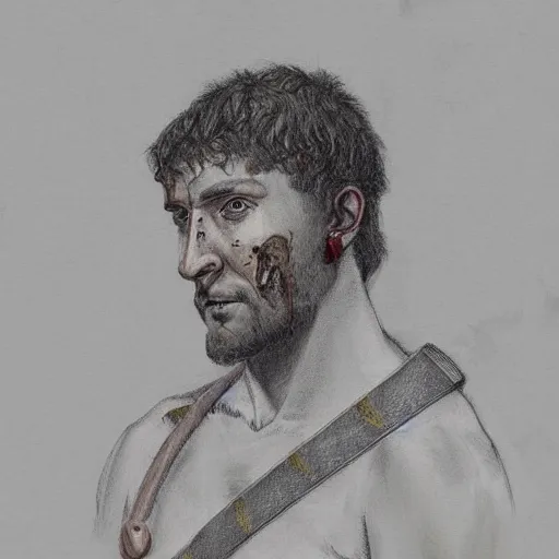Prompt: self portrait, roman man with battle scar on his chest holding his sword on his shoulder, pencil art, detailed, handsome, colored, bloody