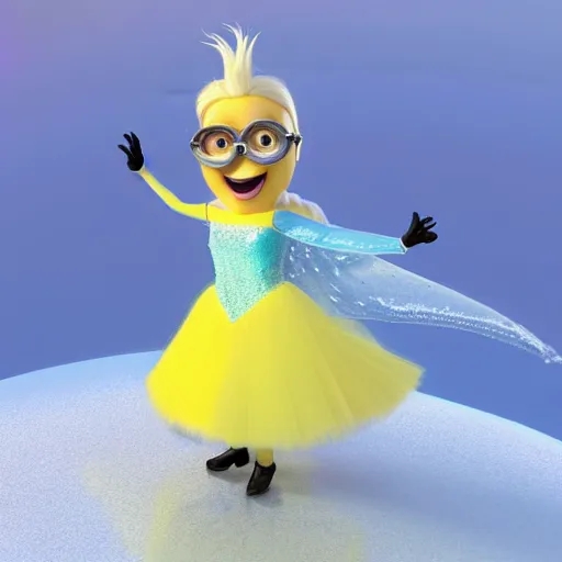 Image similar to Yellow minion from despicable me, dressed as Princess Elsa from Frozen Disney, 3d ray tracing, HD, rendered, highly detailed model, centered, full body shot, wide angle lens