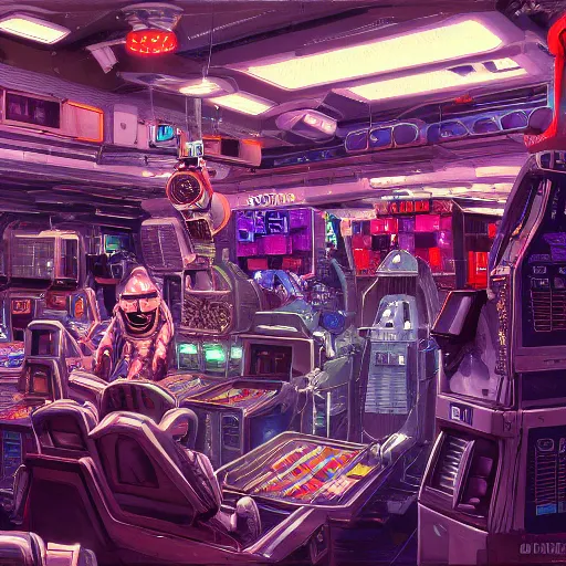 Prompt: highly detailed crowded used future casino, robots humans and extraterrestrials, on a crowded space station, jim henson creature shop, 1 9 8 0 s science fiction, 1 9 7 0 s science fiction, alien 1 9 7 9, cyberpunk, 3 d oil painting, depth perception, 4 k, artstation