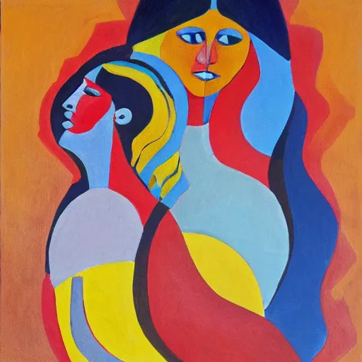 Image similar to two Native American Women in the moonlight dancing by the ocean , high quality art in the style of cubism and georgia o’keefe