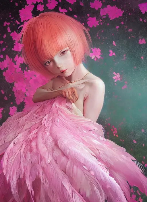 Image similar to beautiful little girl with an pink eccentric haircut wearing an dress made of feathers dancing on stage, artwork made by ilya kuvshinov, inspired in donato giancola, hd, ultra realistic, reflection, flowers, light, realistic face, bird, trending on pixiv