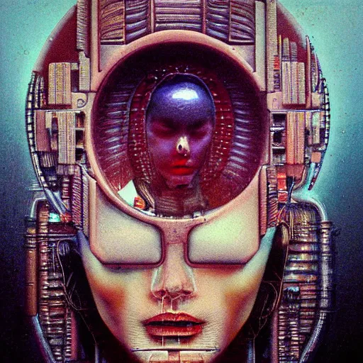 Prompt: a closeup of a businesswoman with computer motherboard built inside her head, Beksinski, Dariusz Zawadzki