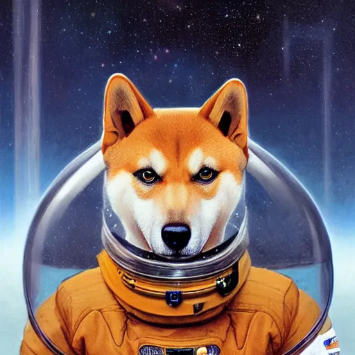 Prompt: realistic anthropomorphic shiba inu, in space suit and glass helmet, science fiction, glowing electric aura, by donato giancola and greg rutkowski and wayne barlow and zdzisław beksinski, realistic face, visible face, digital art, artstation, symmetry