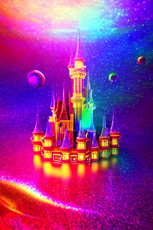 Prompt: iridescent holographic multicolored glitter fantasy castle in space, hyper realistic, ambient lighting, concept art, intricate, hyper detailed, smooth, dynamic volumetric lighting, octane, raytrace, cinematic, high quality, high resolution, 4 k, artstation