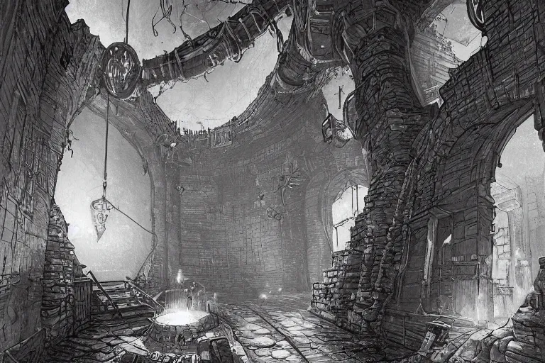 Prompt: black and white one point perspective refinery dungeon cozy fantasy dungeon hallway view with pit in the middle of the ground by artgerm and Craig Mullins, James Jean, Andrey Ryabovichev, Mark Simonetti and Peter Morbacher 16k