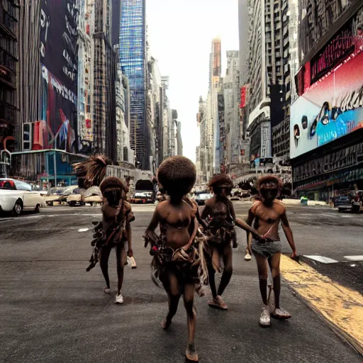 Prompt: detailed 4 k photorealistic papuan tribe walk in detailed new york in the style of nick ut and eddie adams and margaret bourke and yousuf karshs and alfred eisenstaedt