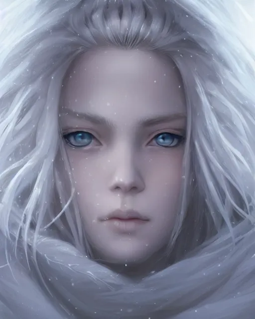 Image similar to portrait of a beautiful snow goddess, flowy white grey hair, grey eyes, winter, frozen, snow, cinematic lighting, highly detailed, digital painting, trending on artstation, pixiv, concept art, sharp focus, illustration, art by ross tran and wlop