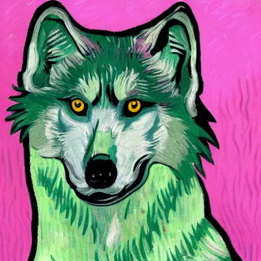 Image similar to retarded wolf portrait, van gogh style, pink, green