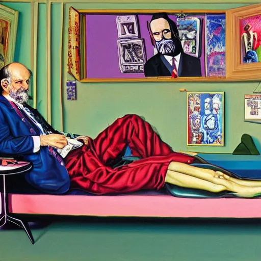 Prompt: kenny scharf painting of sigmund freud with a patient in his office, the patient is lying on a divan, beautiful, 8 k