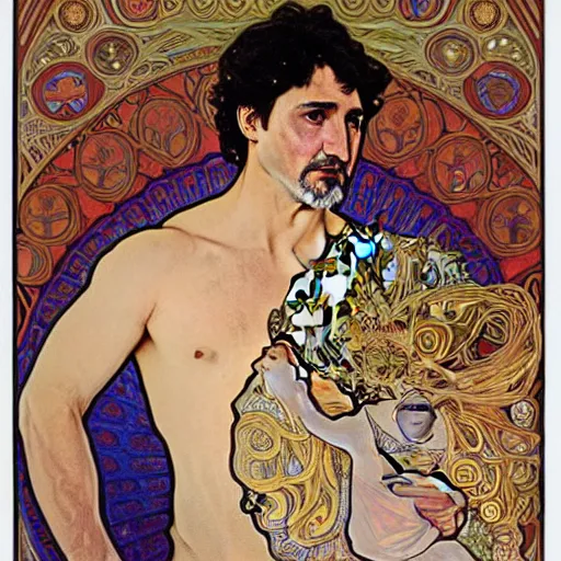 Prompt: detailed art Justin Trudeau, by Alphonse Mucha and Gustav Klimt