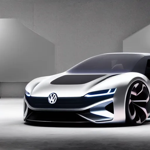 Image similar to a concept volkswagen vision gran turismo ID.R silver supercar inside a dark showroom with studio spotlights reflecting on the bodywork