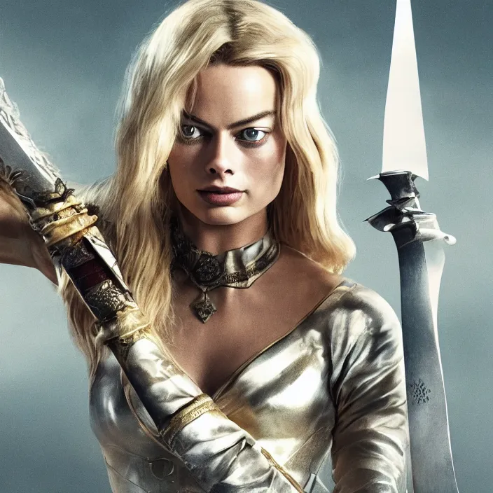 Prompt: margot robbie, broadsword in her hands, sword. very coherent symmetrical artwork. cinematic, high detail, octane render, 8 k