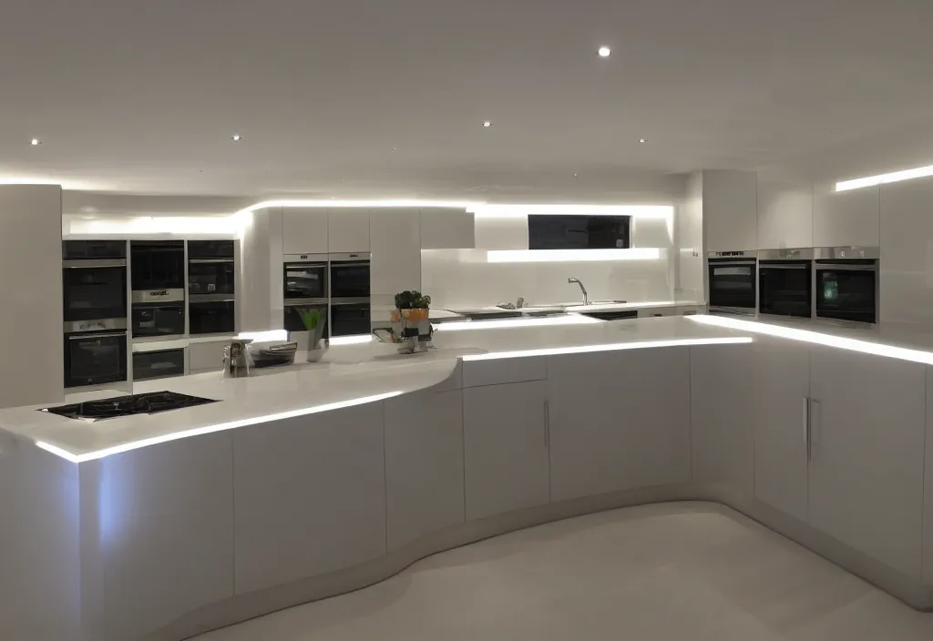 Image similar to modern kitchen with led strip lighting, homes and gardens, super detailed render, award winning,