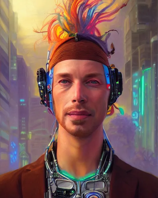 Image similar to a futuristic male hippie wearing tie - dye and cybernetic - implants | cyberpunk art | highly detailed | very intricate | symmetrical | cinematic lighting | award - winning | closeup portrait | painted by donato giancola and mandy jurgens and rossdraws and rhads | featured on artstation