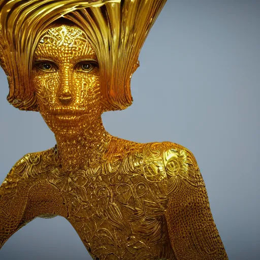 Image similar to queen of gold, 4 k, intricate, jaw dropping, gorgeous, surreal, octane render