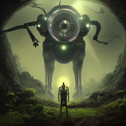 Prompt: gorgeous mechanical steampunk creature with humanlike form and two eyes looking eerily into a cave entrance that is also a portal with lush vegetation and mystical (((glowing algae))) in the sunset, desaturated, creepy ambiance, dangerous, mountains in the background, sharp focus, highly detailed, artgerm