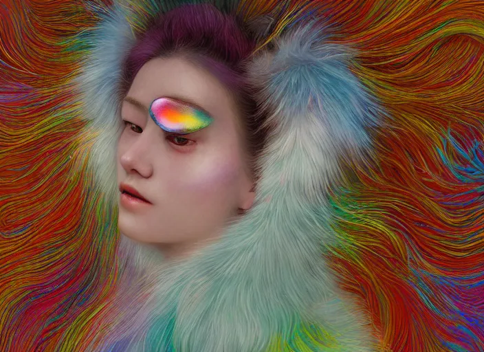 Image similar to portrait of woman with rainbow face in white fur coat, cynical realism, peter furguson painterly, yoshitaka amano, miles johnston, moebius, beautiful lighting, miles johnston, klimt, tendrils, in the style of, louise zhang, victor charreton, james jean, two figures, terrence malick