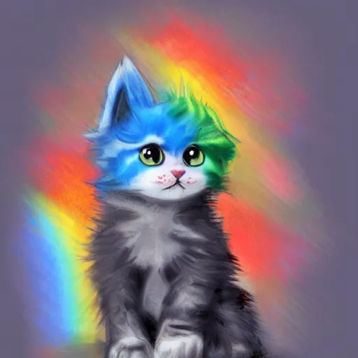 Image similar to wide angle full body, of a fluffy cute rainbow kitten wearing a black leather motorcycle jacket, concept art