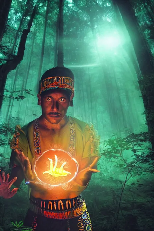 Prompt: photorealistic photo of an aztec sorcerer casting a powerful spell in a dark forest, ultra hd, hd, 4 k, highly detailed, small details, vaporwave colors, faded effect, 9 0 s vibe, detailed face, perfect face, realistic, national geographic cover,