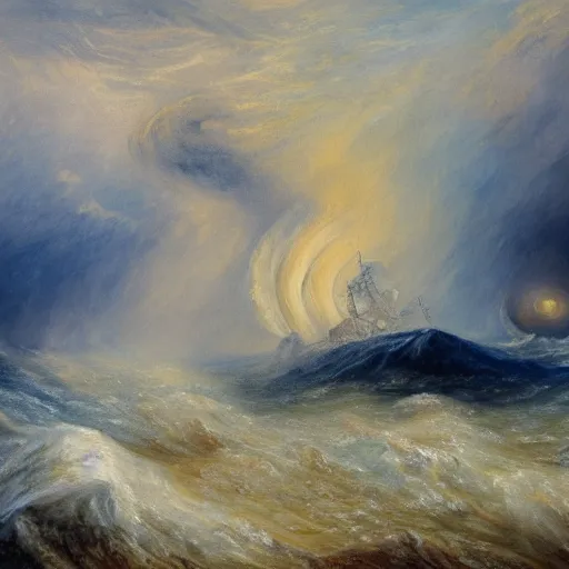 Prompt: kraken tentacles stormy sea steamship boat dramatic clouds painting style of turner