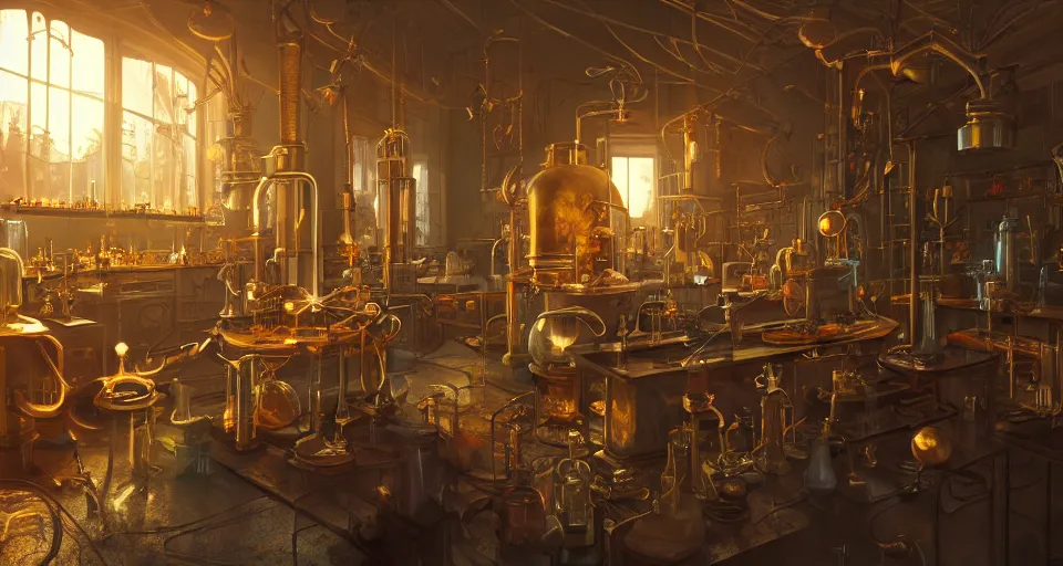 Image similar to Alchemy laboratory, hyperdetailed, artstation, cgsociety, golden hour 8k