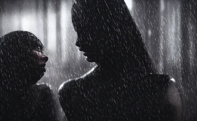 Image similar to cinestill 5 0 d candid photographic portrait by christopher nolan of two loving female androids sobbing wearing rugged black mesh techwear in treacherous waters, extreme closeup, modern cyberpunk moody emotional cinematic, pouring rain menacing lights shadows, 8 k, hd, high resolution, 3 5 mm, f / 3 2, ultra realistic faces, ex machina