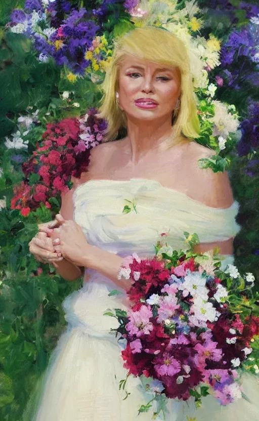 Image similar to romantic portrait of donald trump in an elegant dress surrounded by beautiful flowers, by gregory manchess, james gurney, james jean, realistic, photo, 8 k