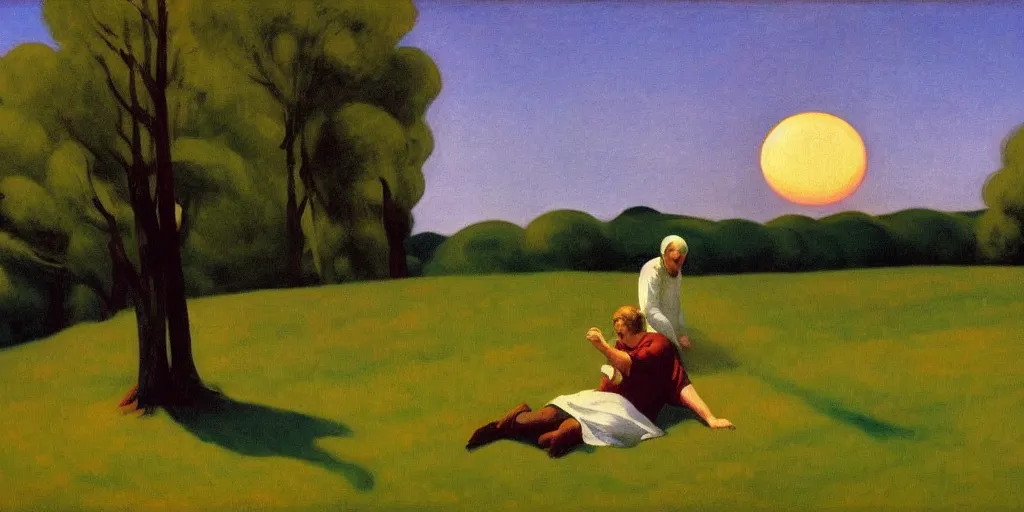 Prompt: killing biblical Matthew with a scream on a pleasant meadow with trees and bushes, at the sunset, art by Edward Hopper