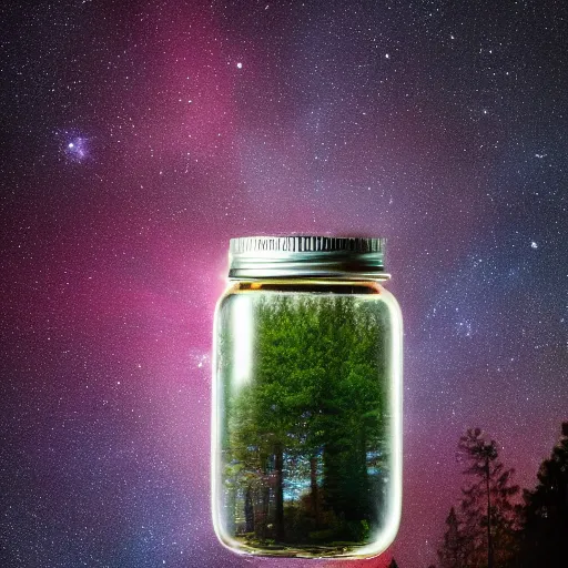 Prompt: galaxies contained in a jar in a forest