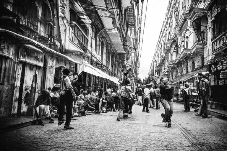 Image similar to ferriss, hugh, bucharest, streets, people black and white, intricate lines, intricate details, rule of thirds,