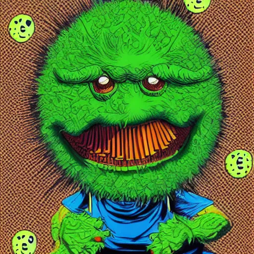 Image similar to a tennis ball monster ,tennis ball, stoned and high, smoking, edibles, scotland, wearing a kilt, digital art, fantasy, magic, trending on artstation, ultra detailed, professional illustration by Basil Gogos