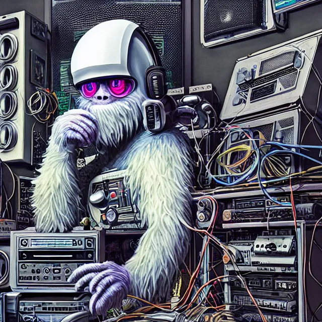 Prompt: a portrait of an anthropomorphic cyberpunk yeti in a motorcycle helmet working in his secret electronics lab, detailed render, tape deck, boombox, headphones, epic composition, cybernetics, 4 k realistic, cryengine, realistic shaded lighting, sharp focus, masterpiece, by matteo scalera, gary montalbano, peter elson in the style of the tokyo ghost comic