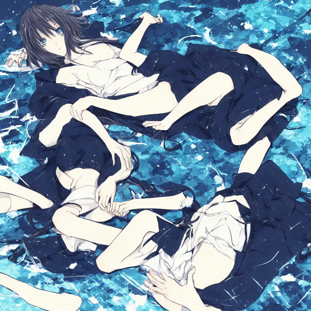 Prompt: high quality illustration of anime girl laying on the floor in an empty white void, drawn by yoshitoshi abe, dystopian, blueish tones