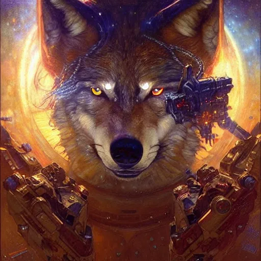 Image similar to portrait of a wolf in uniform starship stars. shadowrun furaffiniy cyberpunk fantasy highly detailed painting by gaston bussiere craig mullins jc leyendecker gustav klimt artgerm greg rutkowski john berkey, bergey, craig mullins, ruan jia, raymond swanland, jeremy mann, tom lovell, alex malveda