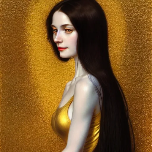 Image similar to portrait of a smiling, beautiful, pale skin eastern european female with long black hair, dark brown eyes, elegant clothing, photorealistic, highly detailed, artstation, smooth, sharp focus, gold ornaments, neon lighting, sci - fi, art by gustav klimt, artgerm, greg rutkowski and alphonse mucha