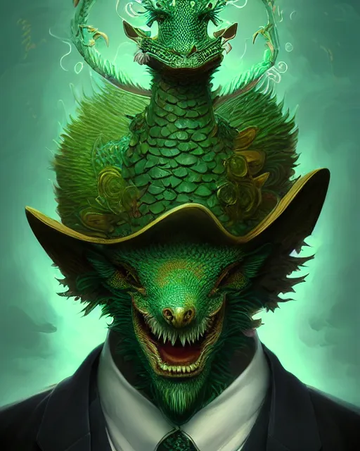 Image similar to anthropomorphic art of a businessman dragon, green dragon, portrait, victorian inspired clothing by artgerm, victo ngai, ryohei hase, artstation. fractal papers and books. highly detailed digital painting, smooth, global illumination, fantasy art by greg rutkowsky, karl spitzweg