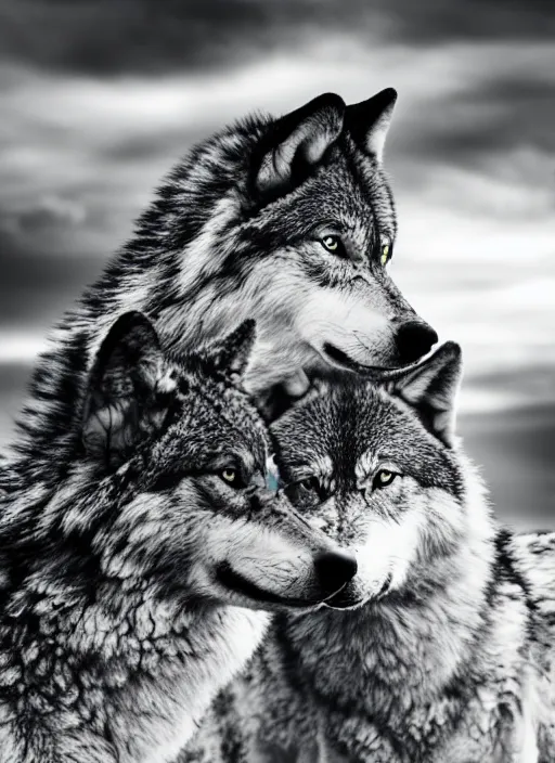 Image similar to two wolves black and white portrait white sky in background