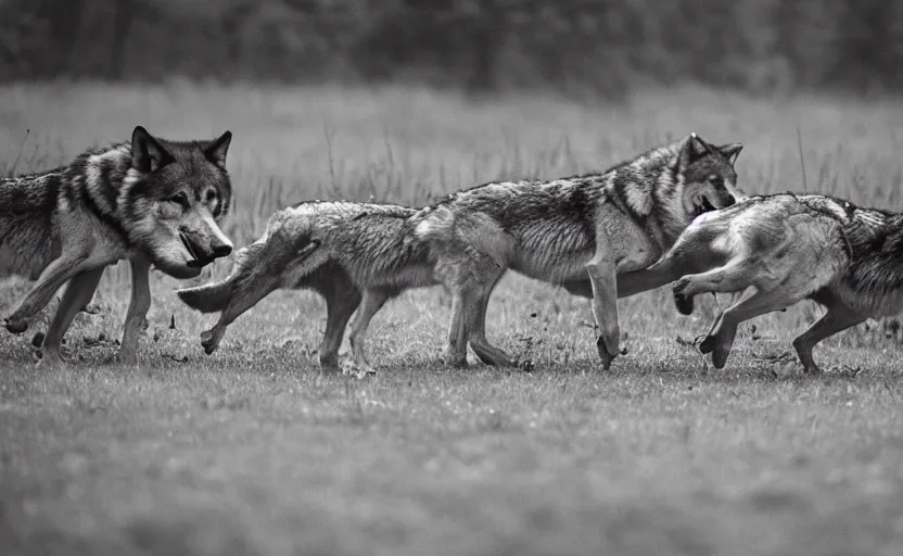 Prompt: pack of wolves playing by Andrei Tarkovsky, lake, analogue photo quality, blur, unfocus, monochrome, 35mm