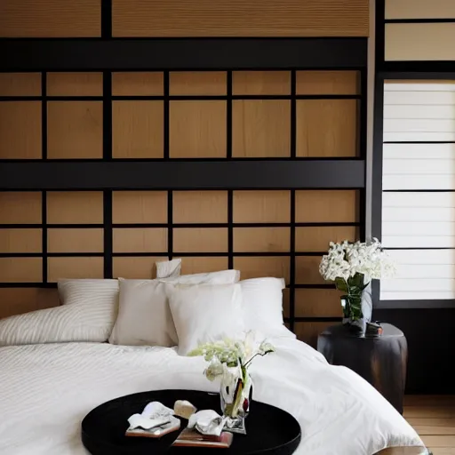 Image similar to bedroom, stone, interior design, stylish luxury hotel bedroom design, yakisugi, black vertical slatted timber, textures, feminine, black walls, art, Japanese pottery vase with flowers, kakejiku, seasonal, Japanese influences