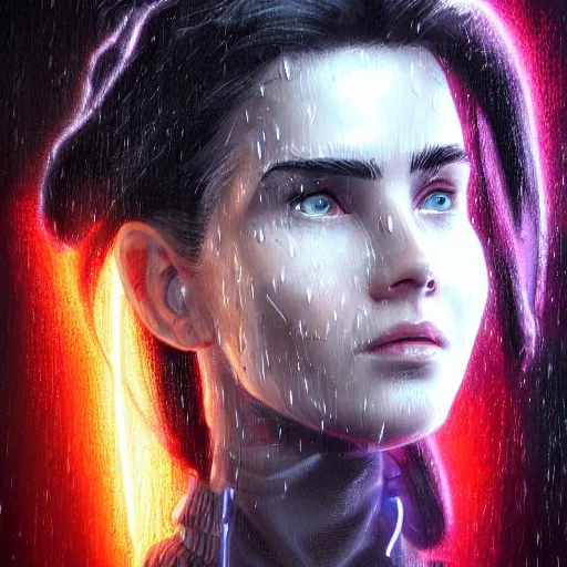 Image similar to young cyberpunk jennifer connelly, cartoon portrait made out of rain, realistic, highly detailed, neon, rendered in octane, unreal engine, rain, beautiful, trending on artstation, emotional