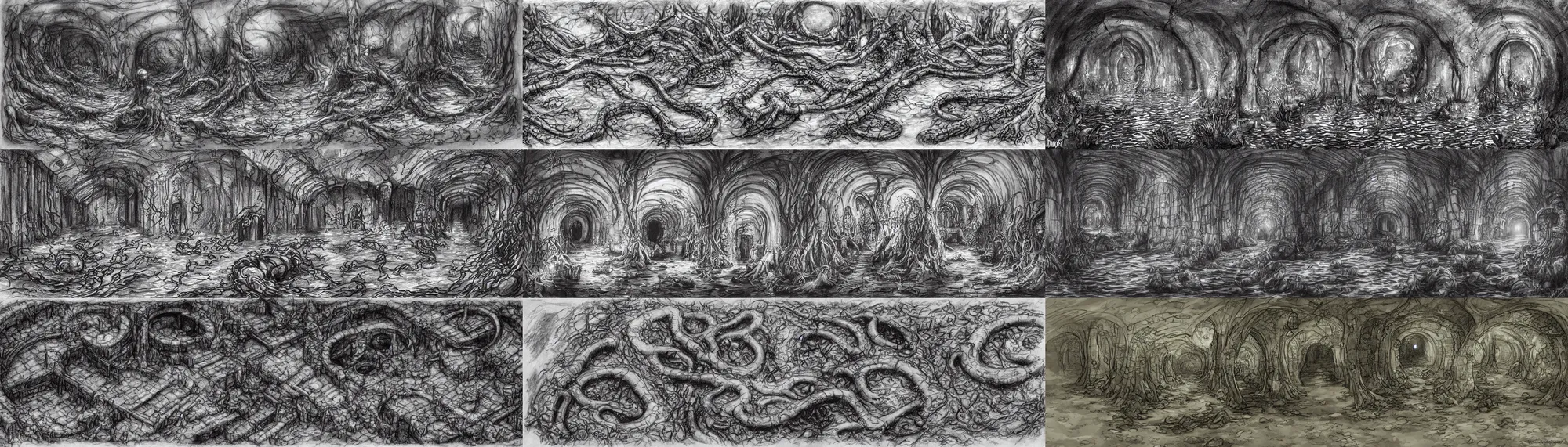 Prompt: waist - deep flooded sewer tunnels. fantasy art, underground, stream, musty, damp, sewage, darkness, sewage falling from grates, underground, catacombs, abandoned spaces, torchlight. sketch art earthdawn campaign setting. myth drannor. parlainth. roots, mud, mushrooms, d & d.