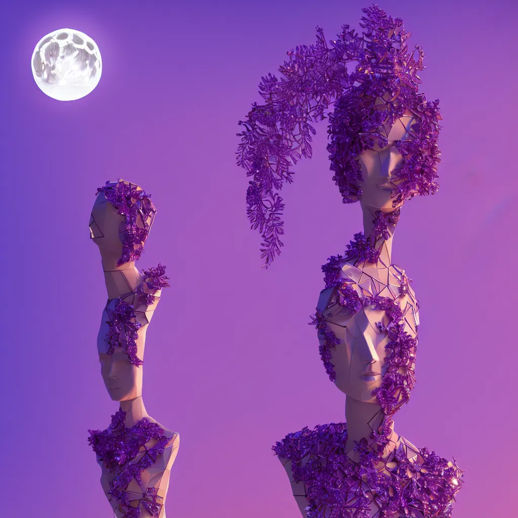 Image similar to beautiful mannequin sculpted out of amethyst by billelis + lit with 3 d geometric neon + facing a doorway opening with neon pink geometric fractal light + flowering hosta plants!!!, moon in background!, rule of thirds, clean linework, dramatic, award winning, 4 k, trending on artstation, photorealistic, volumetric lighting, octane render