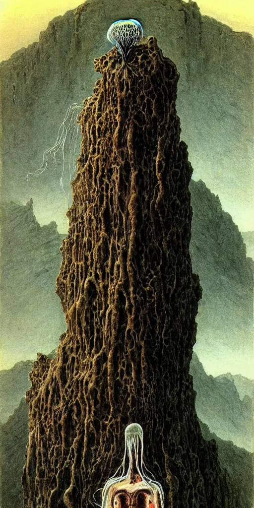 Image similar to A detailed lonely tesla android with jellyfish head stands among the mountains. Wearing a ripped mantle, robe. Perfect face, colossal scale, extremely high details, realistic, fantasy art, solo, masterpiece, art by Zdzisław Beksiński, Arthur Rackham, Dariusz Zawadzki