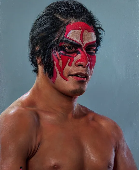 Image similar to heroic portrait of a young mexican wrestler. art by denys tsiperko and bogdan rezunenko, hyperrealism