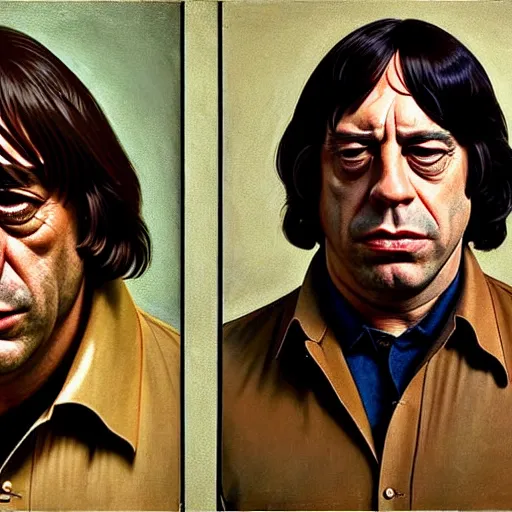 Prompt: portrait of javier bardem as anton chigurh in no country for old men. 7 0 s clothes and environment. flat colours. neutral menacing stare. oil painting by lucian freud. path traced, highly detailed, high quality, j. c. leyendecker, drew struzan tomasz alen kopera, peter mohrbacher, donato giancola