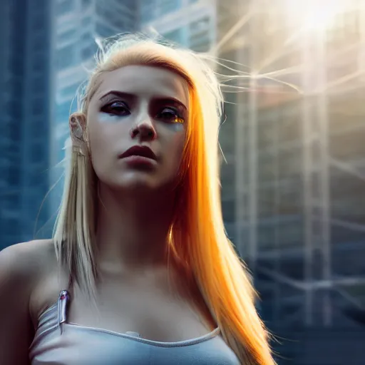 Prompt: a beautiful young cyberpunk woman with blonde hair in front of a building, studio lighting, 8 k, highly detailed, rule of thirds